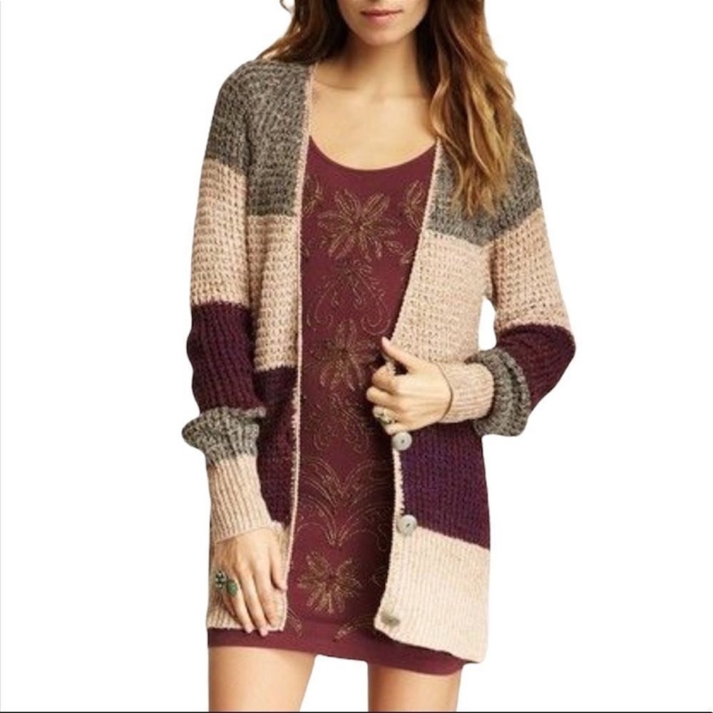 Free People Lake Tahoe Knit Button Down Color Block Gray Cardigan Sz. M